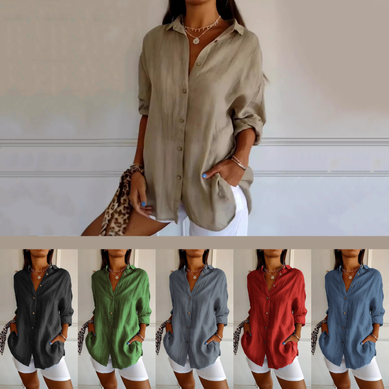 🌷Chemise classique plissée texturée à revers et simple boutonnage pour femme