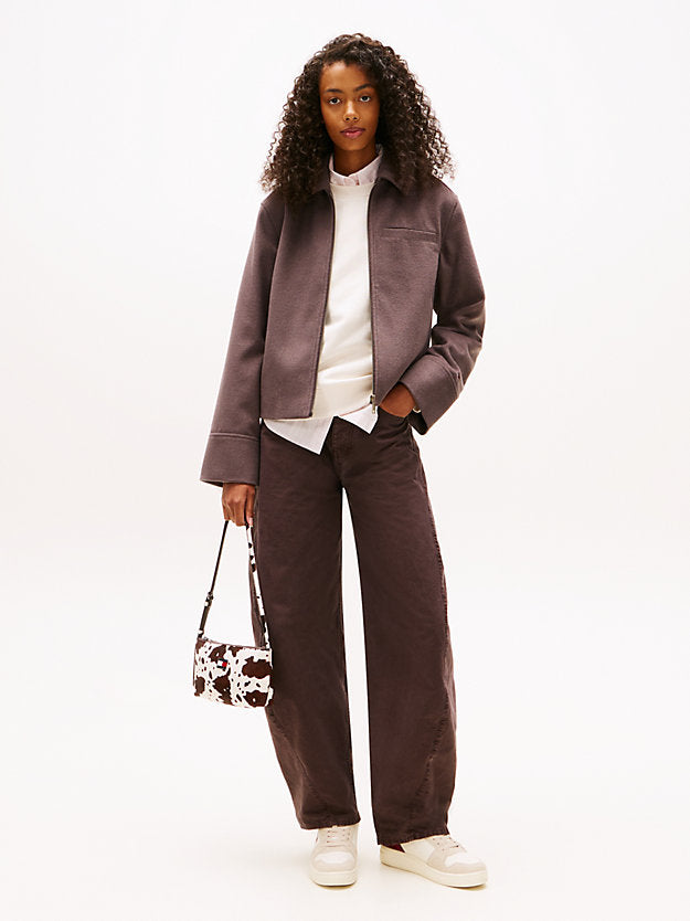Collared Zip-Thru Wool Blend Twill Jacket