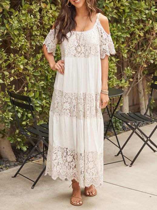 Robe longue à épaules dénudées avec broderie florale en dentelle