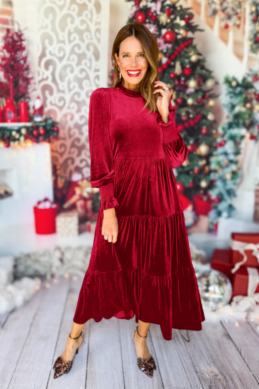 Robe longue à manches longues en velours chasseur