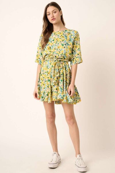 Mittoshop Robe courte à manches mi-longues, taille nouée et motif floral