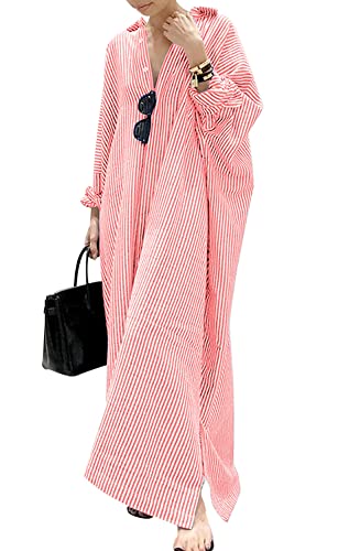 Damen Lässiges Langarm Button-Down Langes Gestreiftes Baumwoll-Hemdblusenkleid