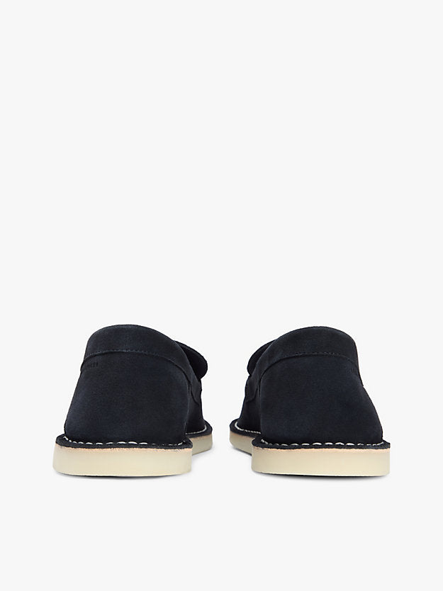 Debossed Logo Topstitch Suede Loafers