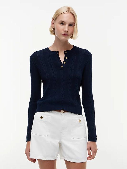 Pointelle Gold-Tone Button Henley Neck Jumper