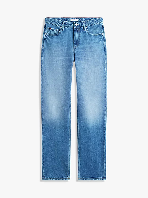 Whiskered Mid Rise Straight Leg Jeans