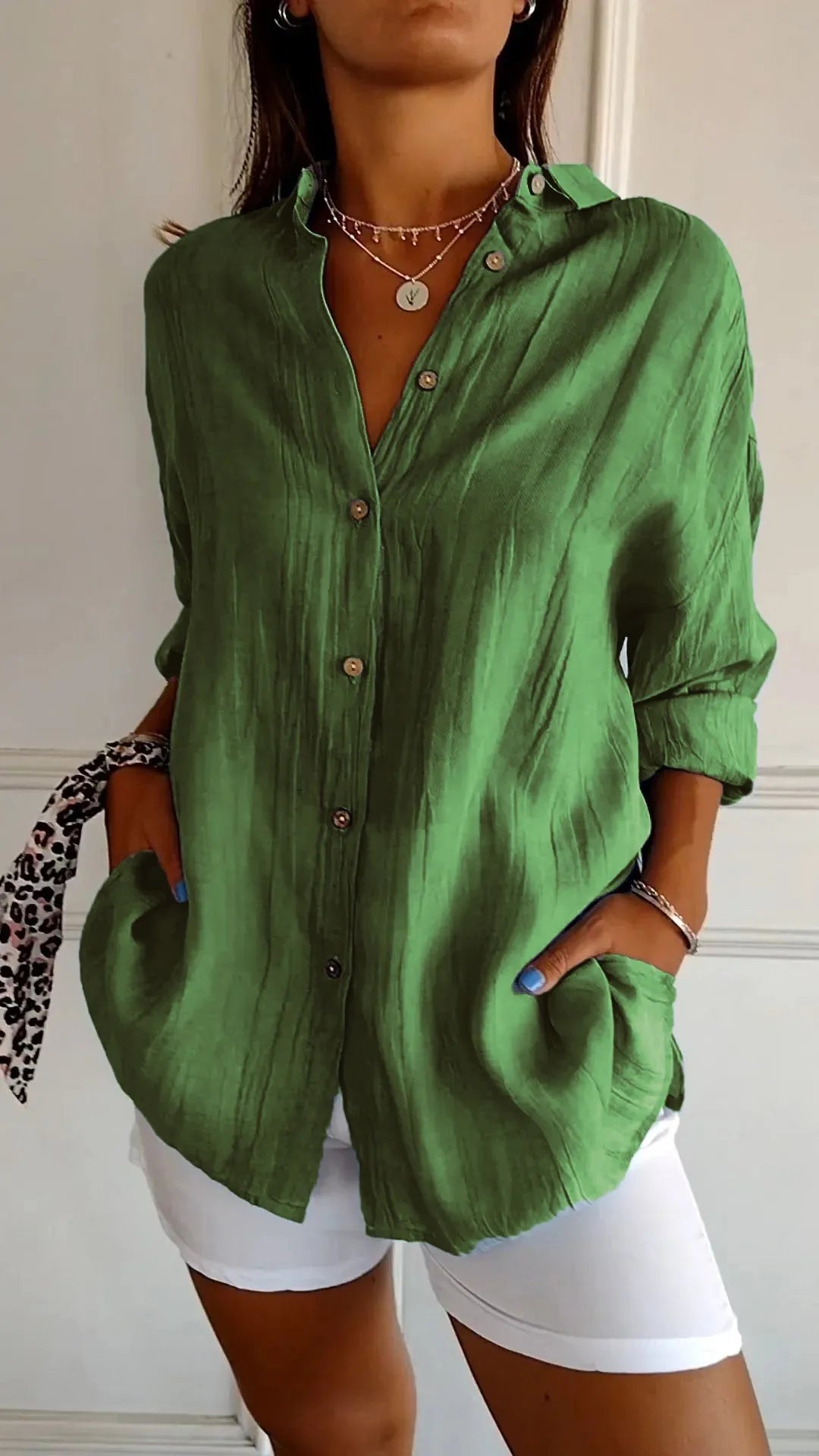 🌷Chemise classique plissée texturée à revers et simple boutonnage pour femme