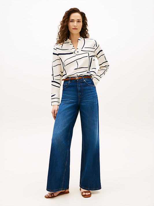 Relaxed Fit Gold-Tone Button V-Neck Blouse