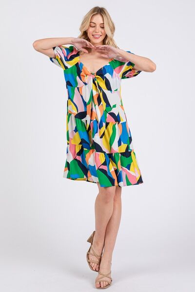 Robe Ces Femme à col en cœur, manches bouffantes et imprimé abstrait