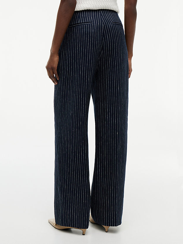 Pinstripe Gold-Tone Button Wide Leg Trousers WiLinen