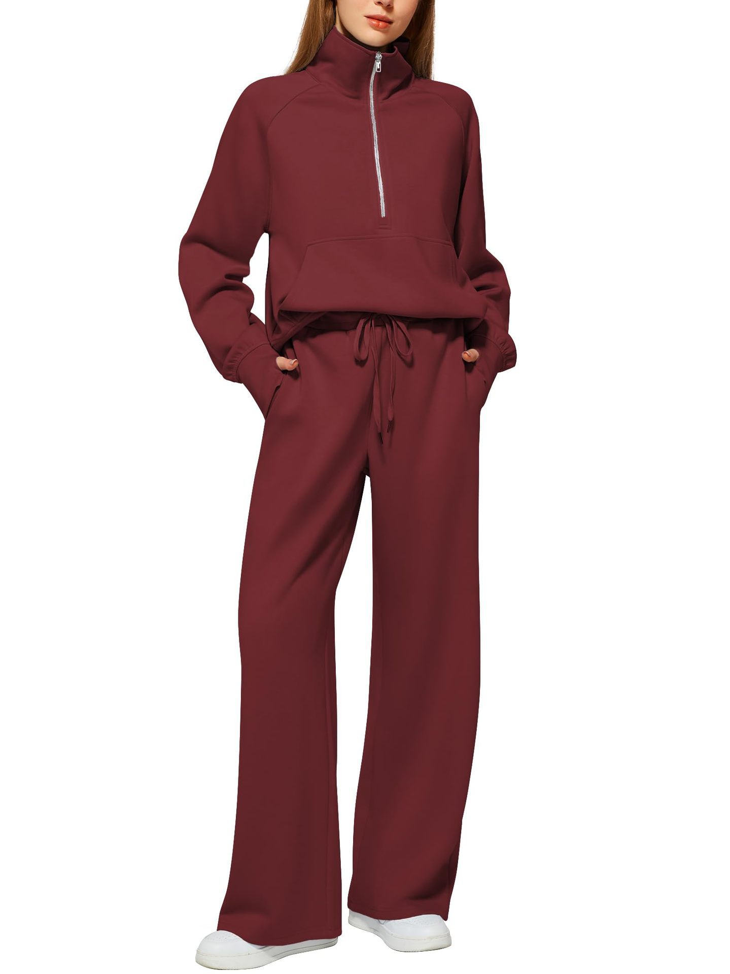 VENTE DE LIQUIDATION🔥 Ensemble deux pièces en coton de couleur unie avec demi-zip pour femme
