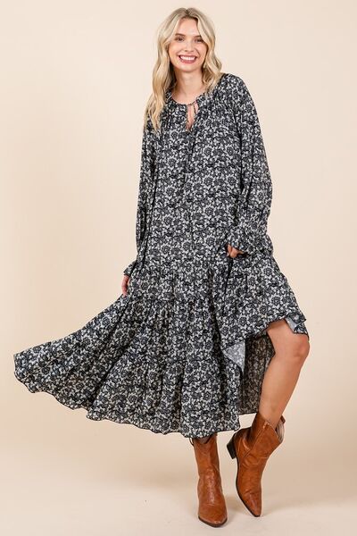 Mittoshop bedrucktes Midi-Kleid mit Bindekragen und Volantärmeln