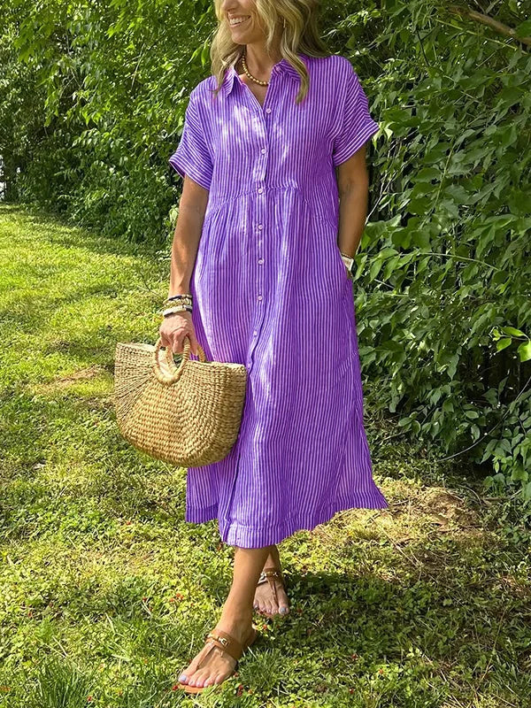 NOUVEAU🔥 Robe Chemise Boutonnée à Revers Rayée