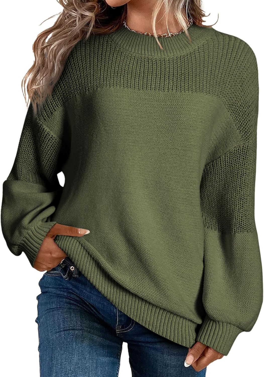 Damen Lässiger Langarm-Pullover mit Rundhalsausschnitt und festen Farben