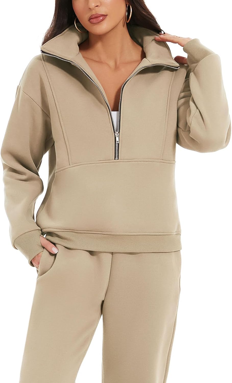 NOUVEAU🔥Ensemble 2 pièces femme, sweat en molleton demi-zip et jogging, survêtement