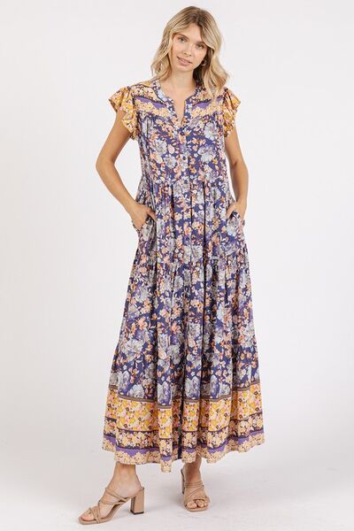 Robe longue Mittoshop fleurie à volants, encolure en V et manches courtes à revers