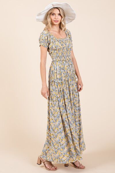 Mittoshop Maxikleid mit Blumenmuster, Puffärmeln und Raffungen