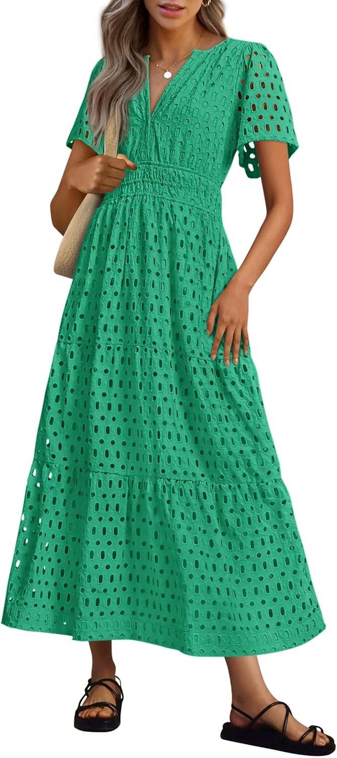 NEU 🔥Damen 2025 Sommer Maxikleid Kurzarm V-Ausschnitt Aushöhlung Ösen A-Linien-Kleider