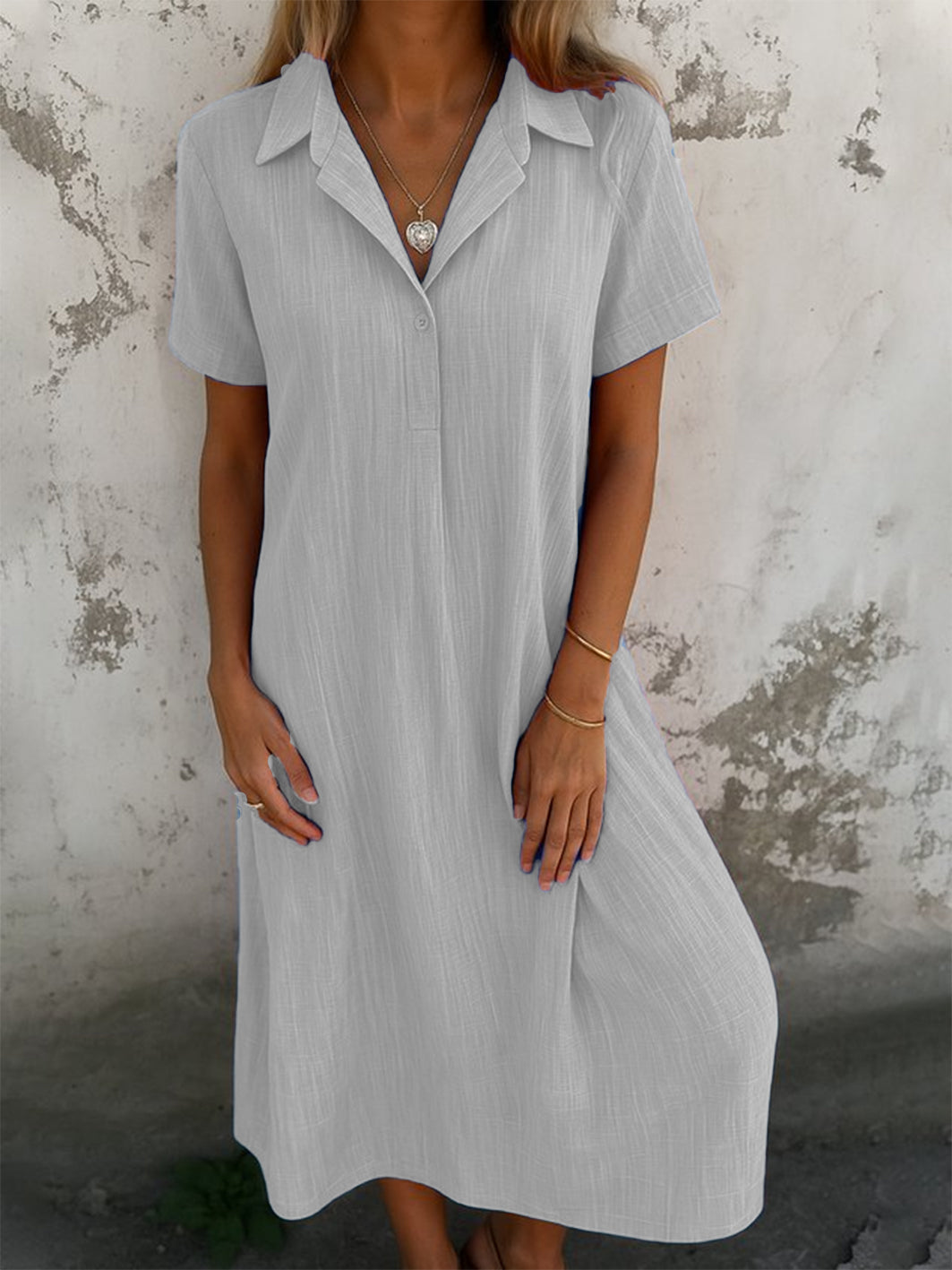 Robe longue décontractée quotidienne coupe trapèze à col chemise et manches courtes unie pour femme (achetez-en 2, livraison gratuite)