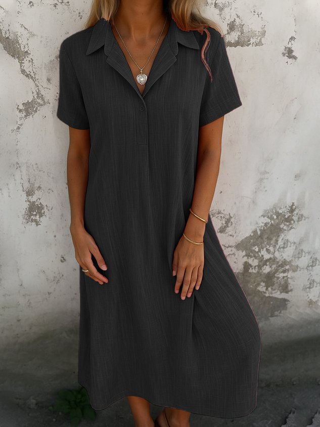 Robe longue décontractée quotidienne coupe trapèze à col chemise et manches courtes unie pour femme (achetez-en 2, livraison gratuite)