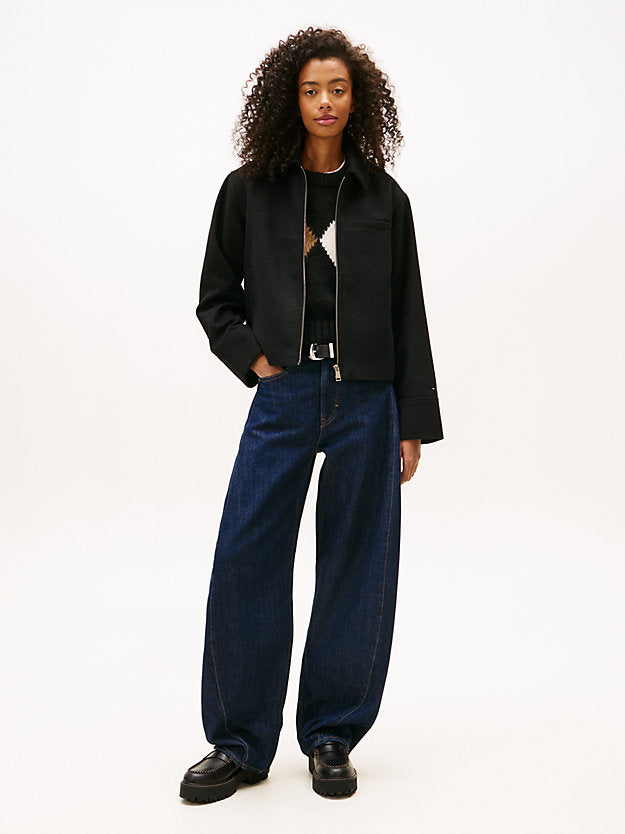 Collared Zip-Thru Wool Blend Twill Jacket