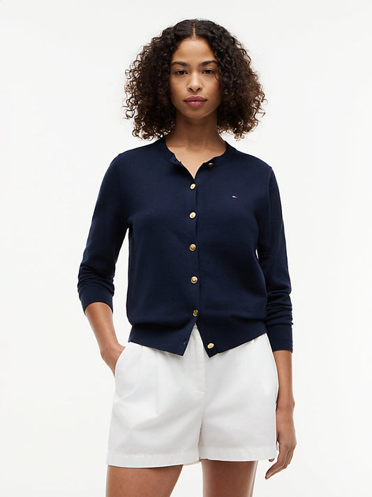 Fine Knit Jersey Crew Neck Cardigan