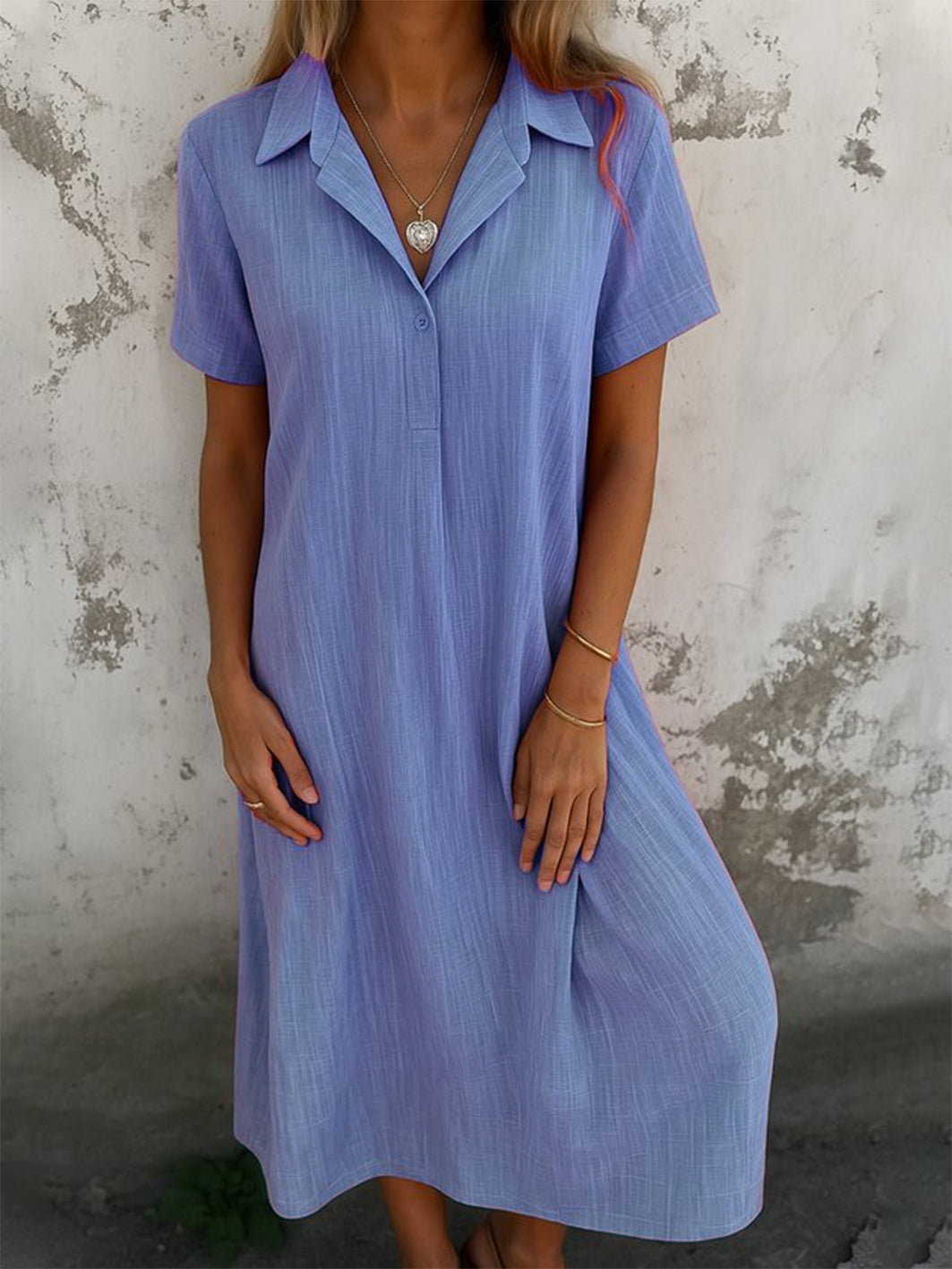 Robe longue décontractée quotidienne coupe trapèze à col chemise et manches courtes unie pour femme (achetez-en 2, livraison gratuite)