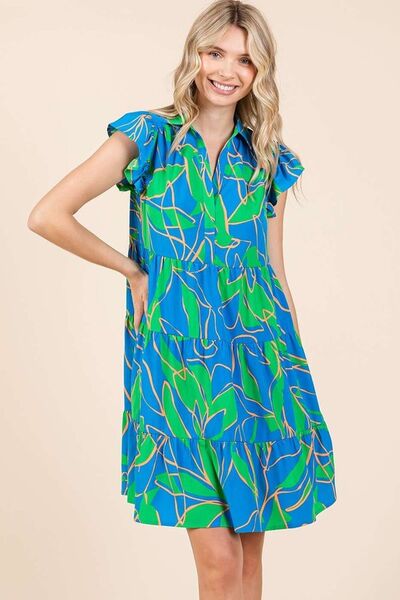 Mittoshop Minikleid mit Blätterdruck, Volantärmeln und Stufenrock