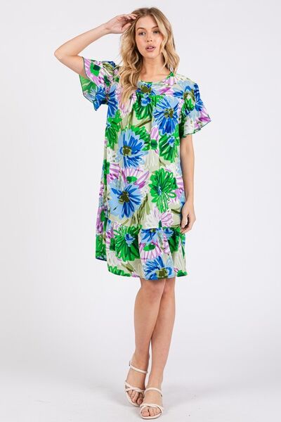 Robe Courte Fleurie à Volants et Manches Courtes pour Femme