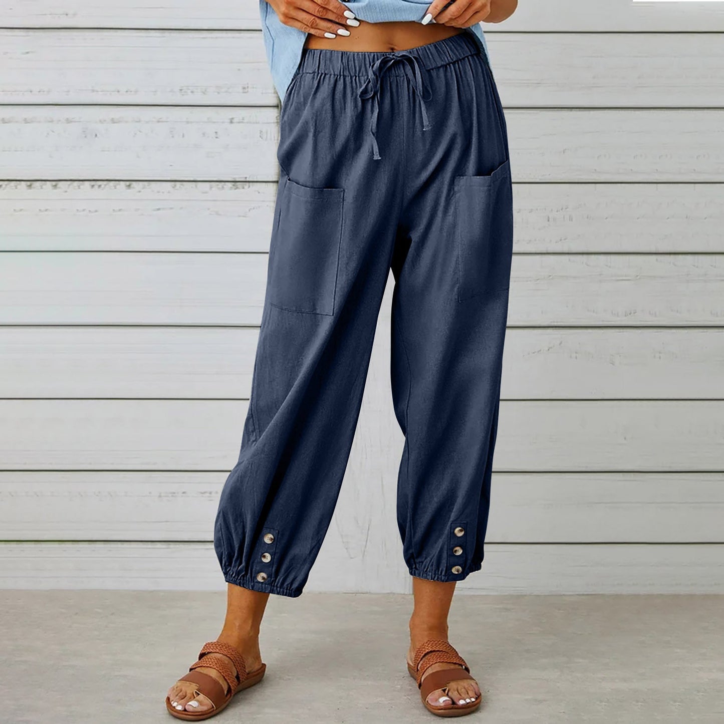 Pantalon femme Pantalon taille haute boutonné en coton et chanvre pantalon neuf points jambes larges