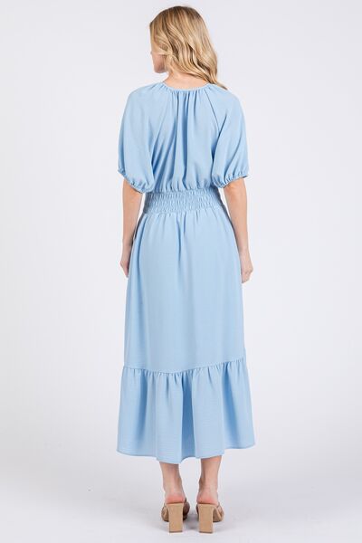 Ces Femme Gesmoktes Kleid mit elastischem Bund, Bindekragen und Puffärmeln