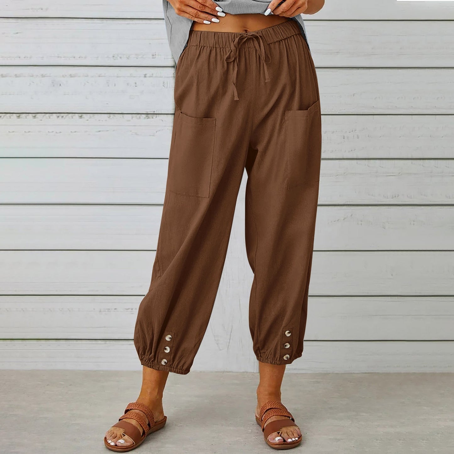 Pantalon femme Pantalon taille haute boutonné en coton et chanvre pantalon neuf points jambes larges