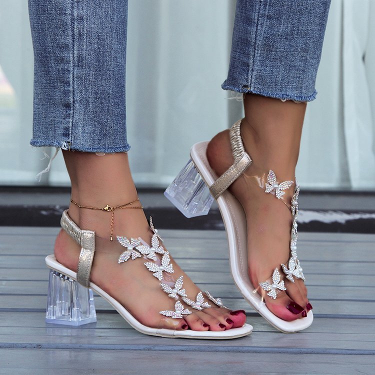 🔥Dernière promotion : 50 % de réduction – Sandales à talons carrés pour femme ornées de papillons en strass