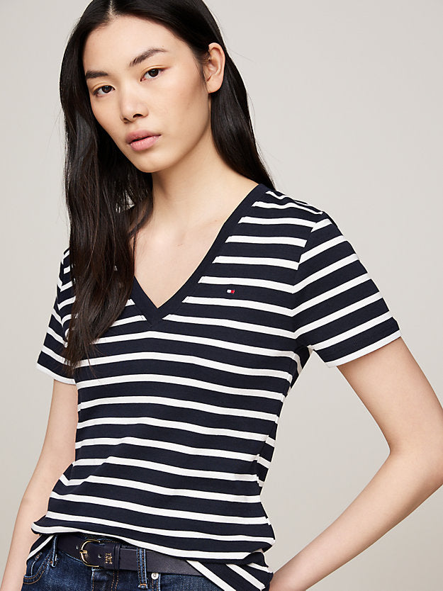 Flag Embroidery Slim V-Neck T-Shirt