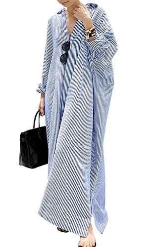 Damen Lässiges Langarm Button-Down Langes Gestreiftes Baumwoll-Hemdblusenkleid