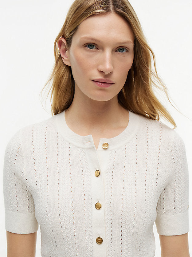 Pointelle Gold-Tone Button Short Sleeve Cardigan