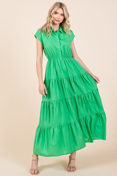 Mittoshop Button-Up Hemdkleid mit Kragen und Stufenrock in Maxilänge