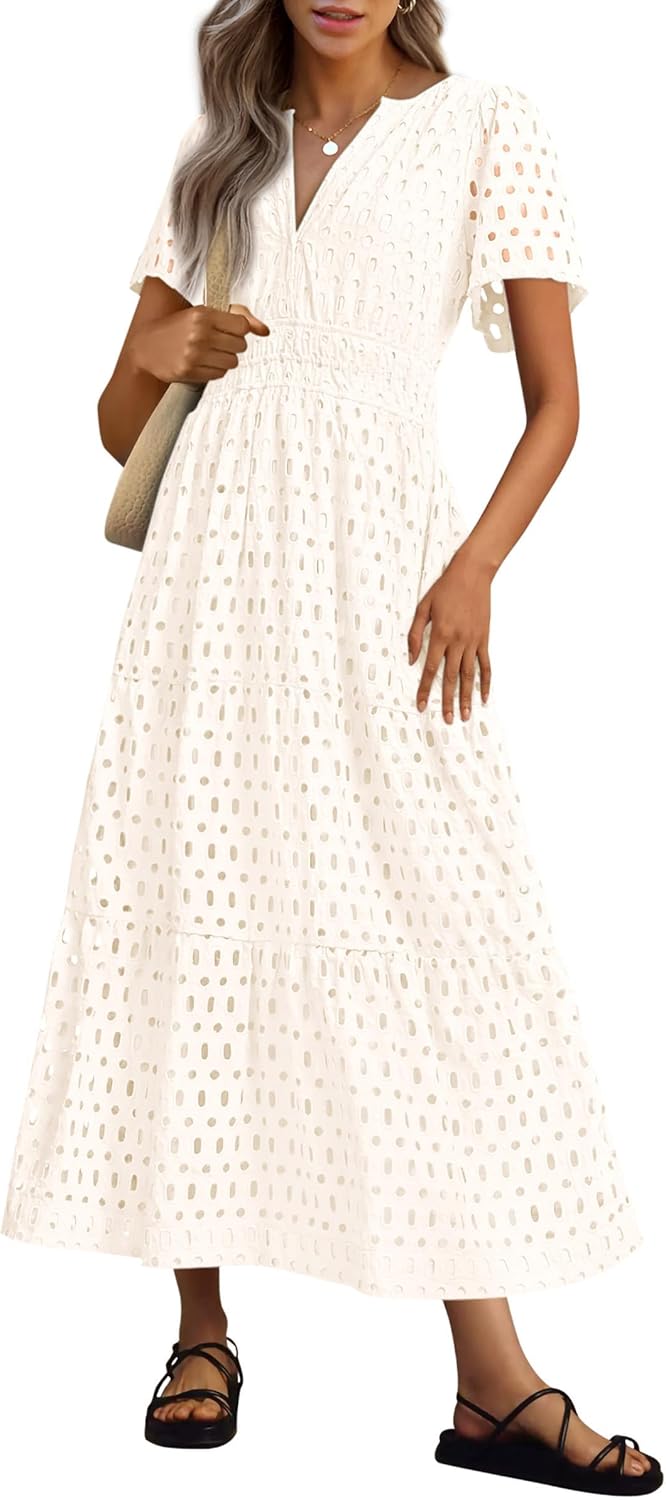 NEU 🔥Damen 2025 Sommer Maxikleid Kurzarm V-Ausschnitt Aushöhlung Ösen A-Linien-Kleider