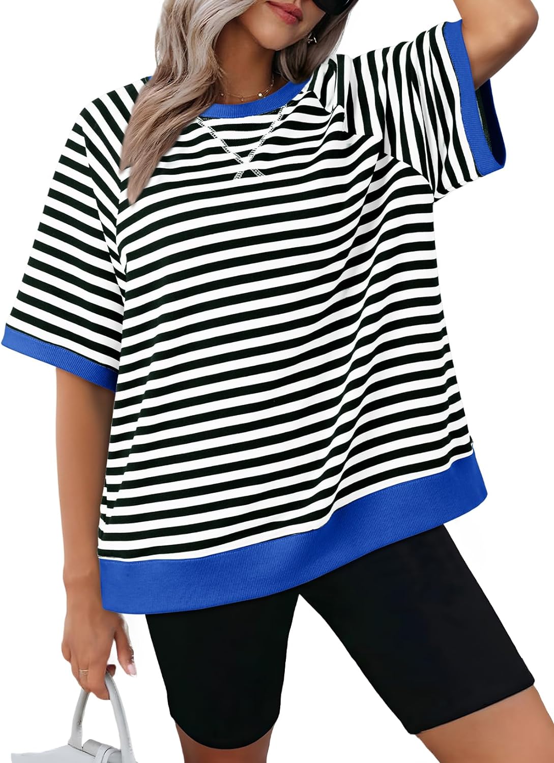 Damen Oversized Gestreifte T-Shirts (3 kaufen, kostenloser Versand)