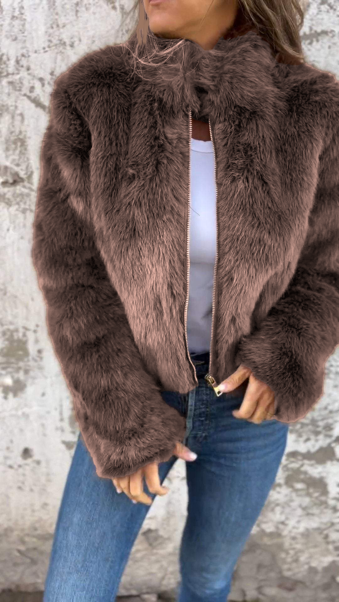 Damen High Collar Pelz-Reißverschluss Freizeitjacke