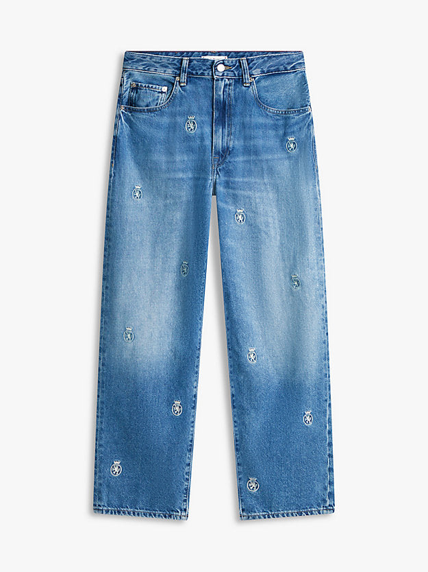 Crest Embroidery Mid Rise Barrel Leg Jeans