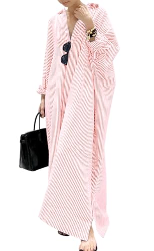 Damen Lässiges Langarm Button-Down Langes Gestreiftes Baumwoll-Hemdblusenkleid