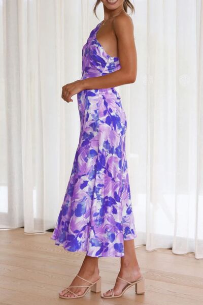 Robe midi asymétrique imprimée froncée