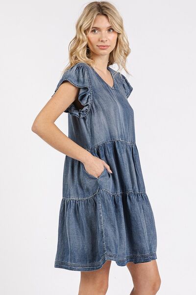 Mittoshop V-Ausschnitt Rüschen-Minikleid mit kurzen Ärmeln