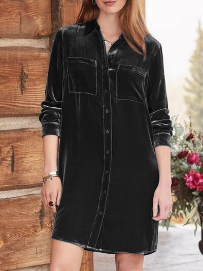 High-Low Hemd Langarm Knielanges Kleid