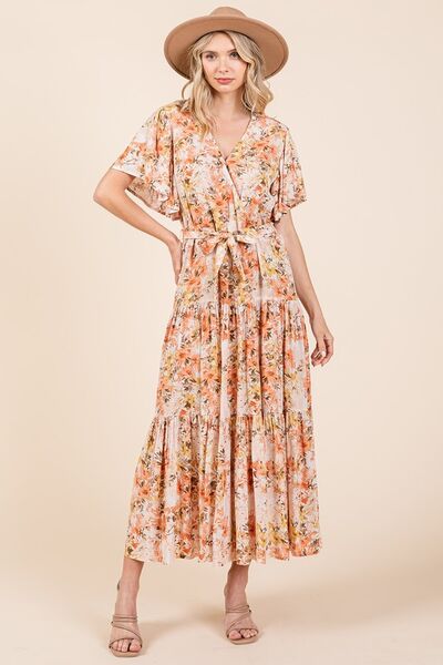 Robe étagée à manches volantées et taille nouée à imprimé floral Mittoshop