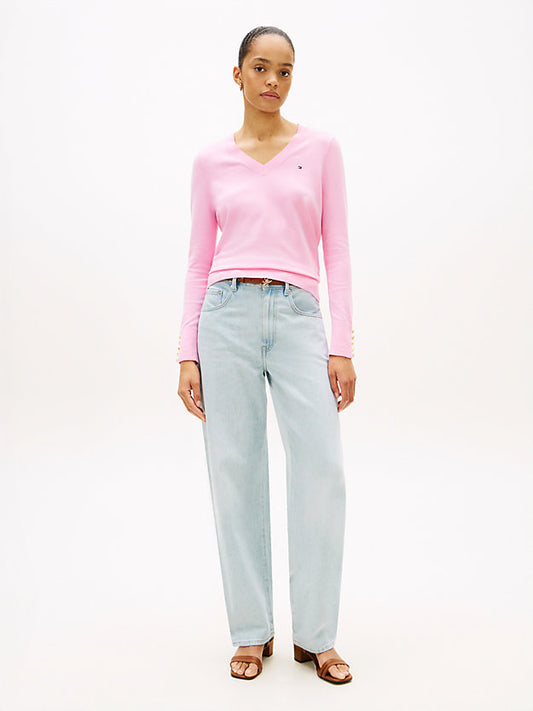 Gold-Tone Button Cuff V-Neck Jumper