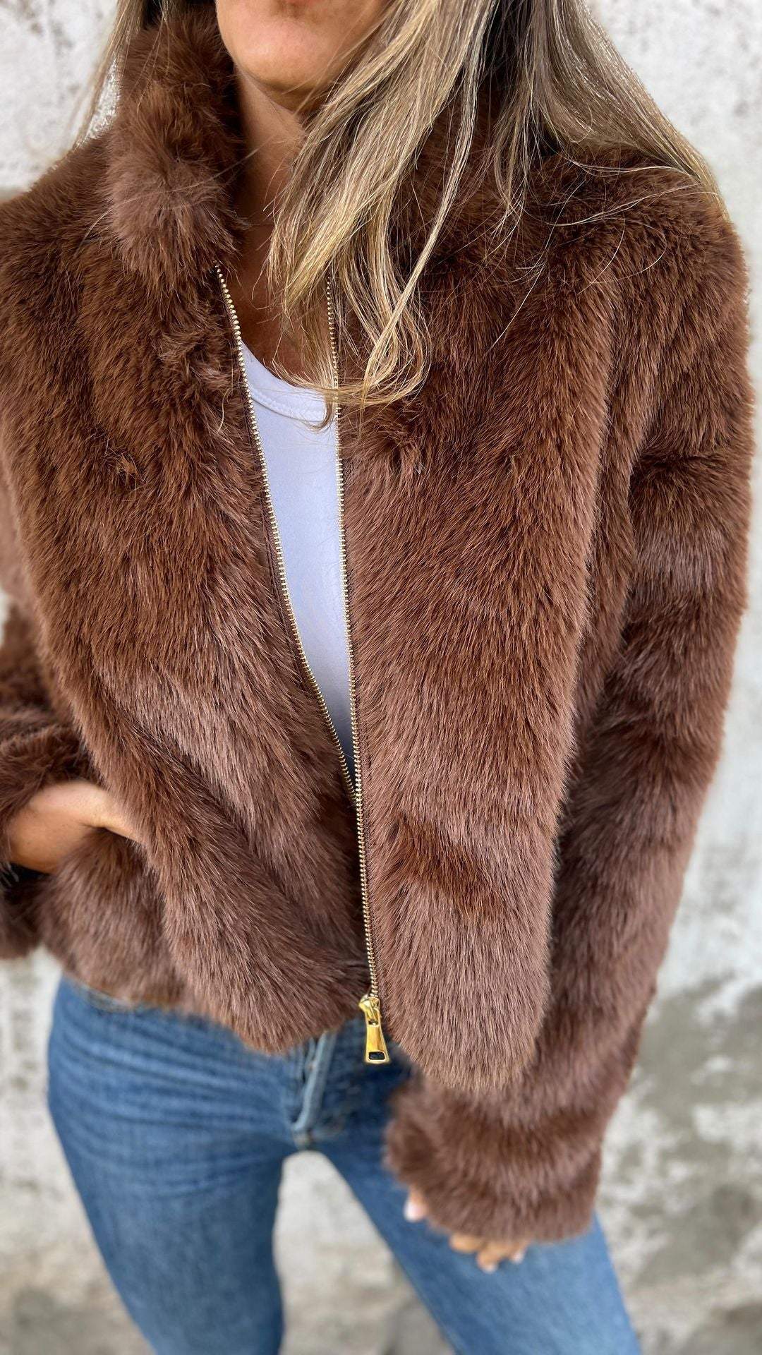 Damen High Collar Pelz-Reißverschluss Freizeitjacke