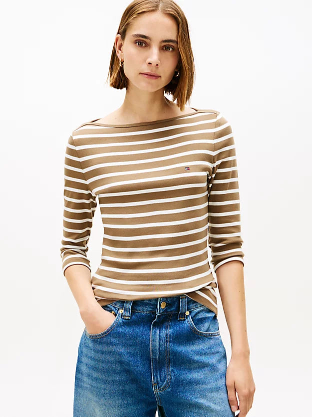 Slim Three-Quarter Sleeve Boat Neck T-Shirt
