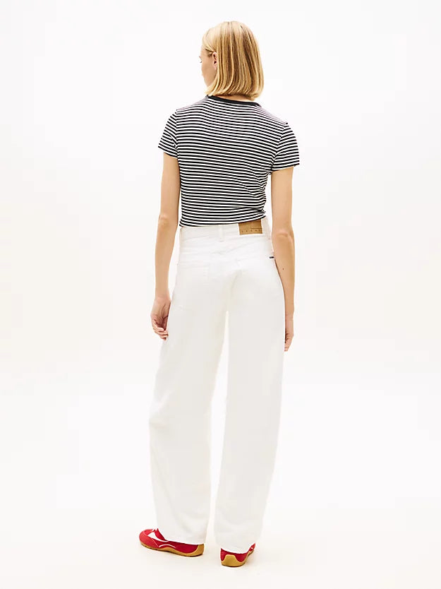Mid Rise Twist Seam Barrel Leg White Jeans