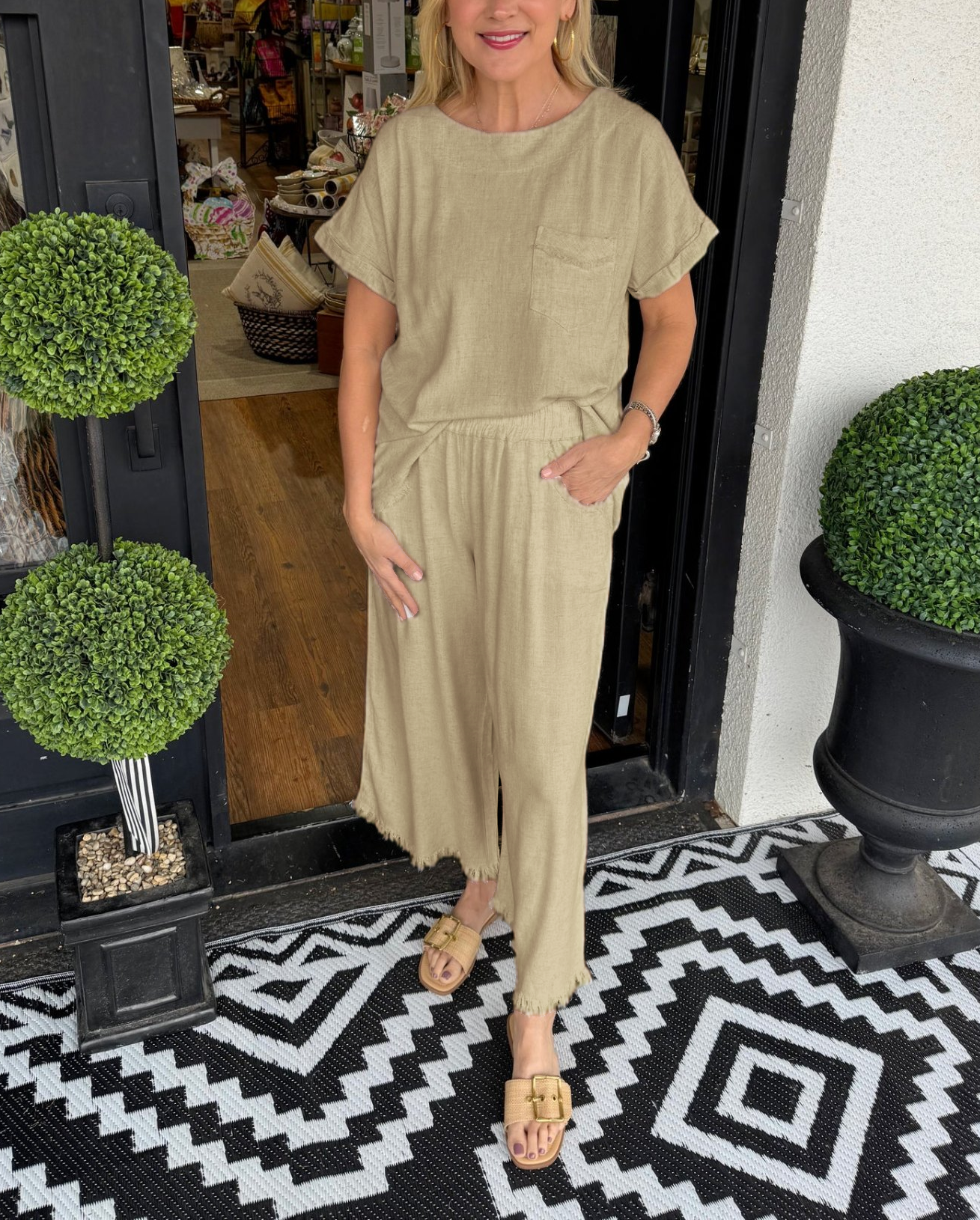 Lässiges Lounge-Set für Damen aus Baumwollleinen, unifarben (2 kaufen, kostenloser Versand)